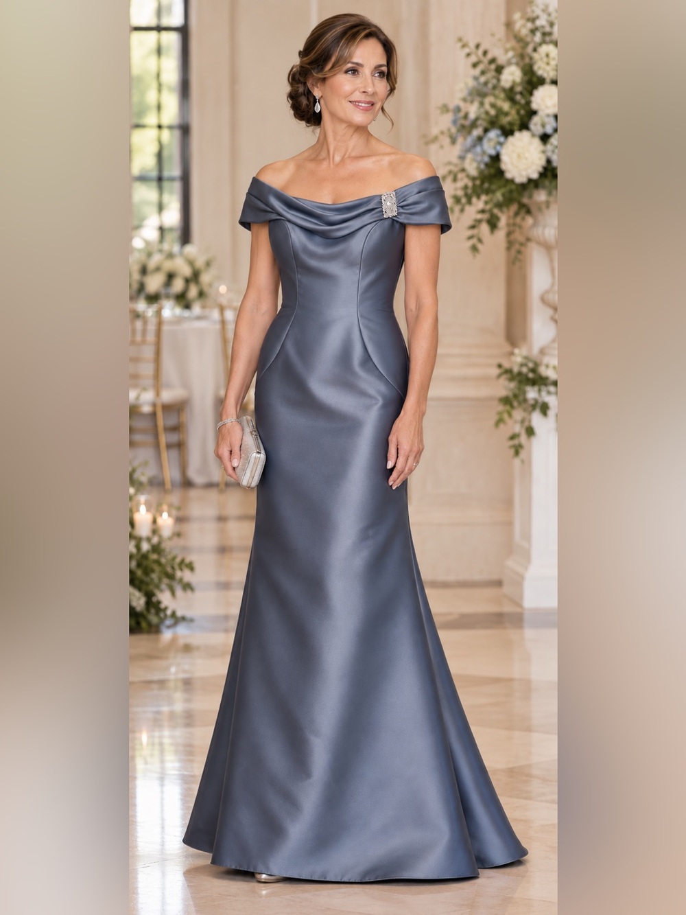 Strapless Satin Mermaid Gown in Steel Blue